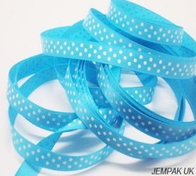 5M x 10mm Single face satin micro polka dot ribbon - white on Turquoise blue