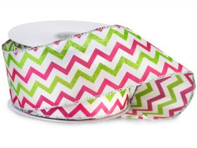 3M x 64mm CUT length Pink and lime chevron wired edge Satin Ribbon