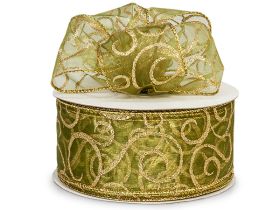 3M x 64mm Wire Edge Green sheer with Gold swirl Xmas ribbon