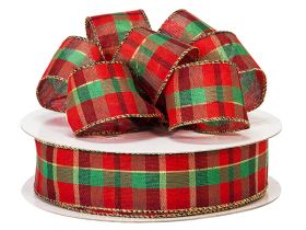 3M x 38mm Santa Plaid Gold Wired edge Ribbon - Red & Green for gift packaging and xmas decoration