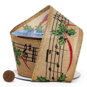 JEMPAK UK 3M x 64mm Christmas music natural fabric wired edge ribbon