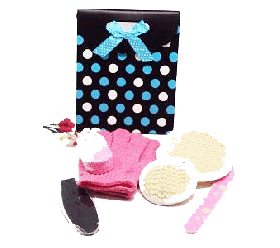6 piece exfoliating beauty set in a blue polka dot tab top box gift bag (exfoliating gloves, pumice stone, emery board, foot file and facial & body sisal pads)