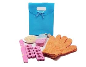 5 piece beauty set in a Turquoise blue tab top box gift bag (exfoliating gloves, pumice stone, emery board, toe seperator & facial sisal pad)