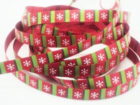 5M x 10mm single face satin snow flakes xmas ribbon - Red/green