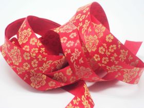 5M x 15mm flower pattern ribbon - gold on red background