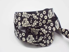 5M x 15mm flower pattern ribbon - white on black background