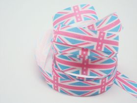 5M x 15mm Classical British flag/Union Jack Grosgrain ribbon - Baby Blue/Baby pink