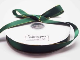 5M x 22mm Gold metallic edge satin ribbon - Forest green