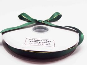 5M x 15mm Gold metallic edge satin ribbon - Forest green