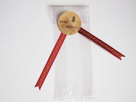 JEMPAK UK® Pack of 25 Small clear gussetted cellophane bags (3" x 1¾" x 8¼") with merry xmas printed labels & red xmas ribbon