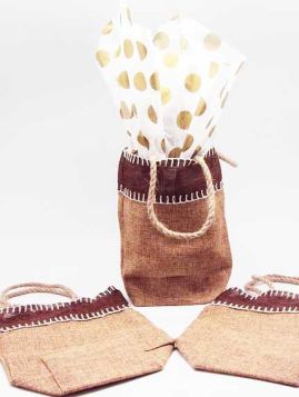  Natural Burlap/Hessian tote bag/gift bag with Metallic gold dots printed tissue paper (12cm x 8cm x 23cm)
