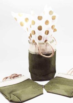  Green leaf Burlap/Hessian tote bag/gift bag with Metallic gold dots printed tissue paper (12cm x 8cm x 23cm)