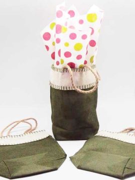Green leaf Burlap/Hessian tote bag/gift bag with Festive Xmas dots printed tissue paper (12cm x 8cm x 23cm)