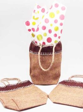 Natural Burlap/Hessian tote bag/gift bag with Festive Xmas dots printed tissue paper (12cm x 8cm x 23cm)