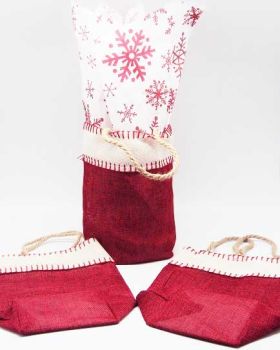 Deep red Burlap/Hessian tote bag/gift bag with xmas snowflasks printed tissue paper (12cm x 8cm x 23cm)