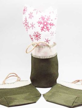 Green leaf Burlap/Hessian tote bag/gift bag with xmas snowflasks printed tissue paper (12cm x 8cm x 23cm)