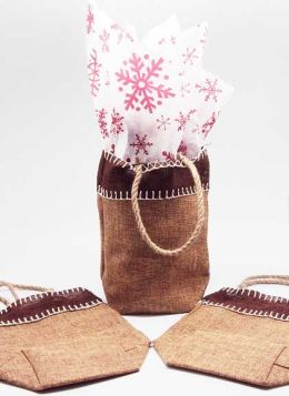  Natural Burlap/Hessian tote bag/gift bag with xmas snowflasks printed tissue paper (12cm x 8cm x 23cm)