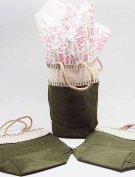  green leaf Burlap/Hessian tote bag/gift bag with chalkboard xmas wishes printed tissue paper (12cm x 8cm x 23cm)