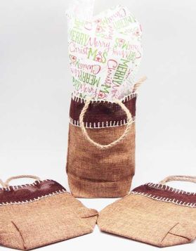 Natural Burlap/Hessian tote bag/gift bag with Merry Xmas manger printed tissue paper (12cm x 8cm x 23cm)