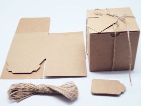 Pack of 10 BROWN KRAFT Gift/favour boxes with hinged lid (10cm x 10cm x 10cm). Jute string & kraft tags included