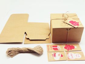 Pack of 10 BROWN KRAFT Gift/favour boxes with hinged lid (15cm x 15cm x 10cm) with Jute twine and XMAS tags included