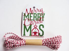 Pack of 10 Merry & Bright Tree Metallic Printed Gift Tags with Red Baker's twine - (6cm x 9cm)