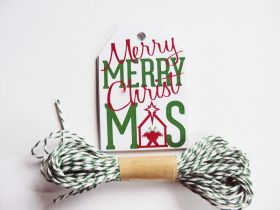Pack of 10 Merry & Bright Tree Metallic Printed Gift Tags with Green Baker's twine - (6cm x 9cm)