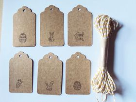 JEMPAK UK® Pack of 10 assorted design Easter print BROWN kraft tags with 5M yellow Baker's Twine for Packaging/Gift Wrapping/Card-making/General Decoration