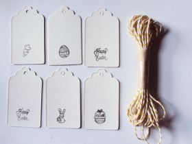 JEMPAK UK® Pack of 10 assorted design Easter print WHITE kraft tags with 5M yellow Baker's Twine for Packaging/Gift Wrapping/Card-making/General Decoration