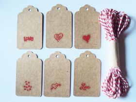 JEMPAK UK® Pack of 10 assorted design Valentine print brown kraft tags with 5M Red Baker's Twine for Packaging/Gift Wrapping/Card-making/General Decoration