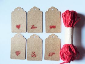 JEMPAK UK® Pack of 10 assorted design Valentine print brown kraft tags with 5M Red JUTE Twine for Packaging/Gift Wrapping/Card-making/General Decoration