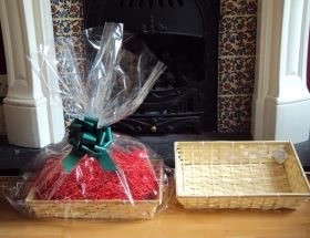 DIY hamper kit containing small Rectangular Bamboo Basket Tray, cellophane basket bag, GREEN pull bow and Xmas paper shred