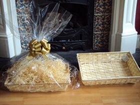 DIY hamper kit containing small Rectangular Bamboo Basket Tray, cellophane basket bag, GOLD pull bow and paper shred