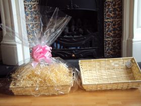 DIY hamper kit containing small Rectangular Bamboo Basket Tray, cellophane basket bag, PINK pull bow and paper shred