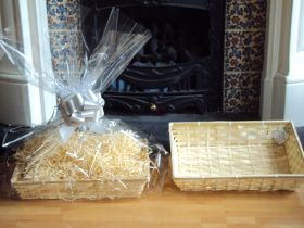 DIY hamper kit containing medium Rectangular Bamboo Basket Tray, cellophane basket bag, SILVER pull bow and paper shred