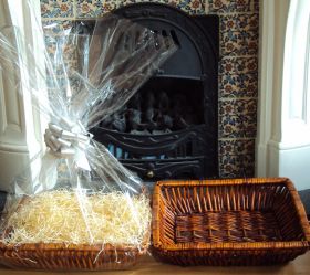 DIY Hamper kit containing Retangular wicker deli basket tray, cellophane basket bag, SILVER pull bow and paper shred