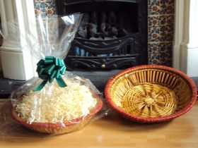DIY Hamper kit containing Round wicker deli basket tray, cellophane basket bag, GREEN pull bow and paper shred
