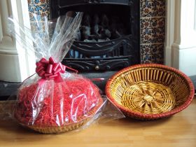 DIY Hamper kit containing Round wicker deli basket tray, cellophane basket bag, RED pull bow and Xmas paper shred