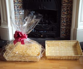 DIY hamper kit containing small Rectangular Bamboo Basket Tray, cellophane basket bag, RED pull bow and paper shred
