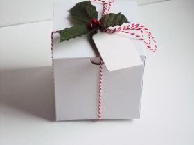 Pack of 10  white high GlossGift/favour boxes with hinged lid (10cm x 10cm x 10cm) with Red bakers twine, gift tags & artificial holly leaves with berries
