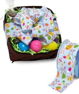 3M x 64mm Bunnies & Eggs prints wired edge fabric Ribbon - Blue