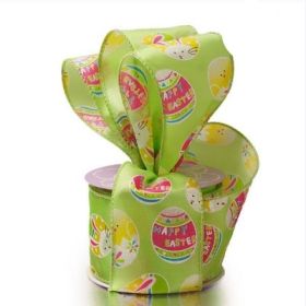 3M x 64mm Decorated Easter Egg prints wired edge fabric Ribbon  - Green