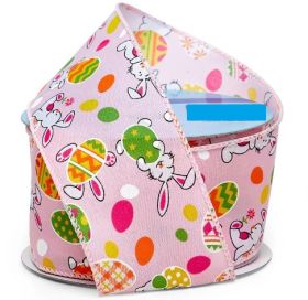 3M x 64mm Bunnies & Eggs prints wired edge fabric Ribbon - Pink
