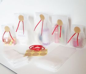 Pack of 20  Small clear frosted block bottom sweet/party/gift bags (3" x 2" x 7") with blank brown sticky labels and red satin ribbon