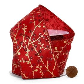 3M x 64mm Gold holly berry on red wired edge satin  Xmas ribbon
