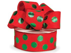 JEMPAK UK 3M x 38mm Embossed hot stamped Green Metallic dot on Red linen Xmas ribbon