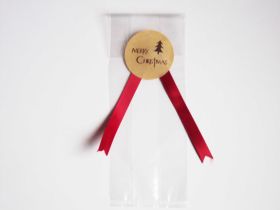 JEMPAK UK® Pack of 25 Small clear gussetted cellophane bags (3" x 1¾" x 8¼") with merry xmas printed labels & red ribbon