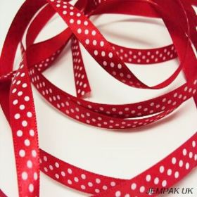 5M x 10mm Single face satin micro polka dot ribbon - white on red