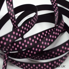 5M x 10mm Single face satin micro polka dot ribbon - pink on black