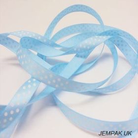 5M x 10mm Single face satin micro polka dot ribbon - white on baby blue